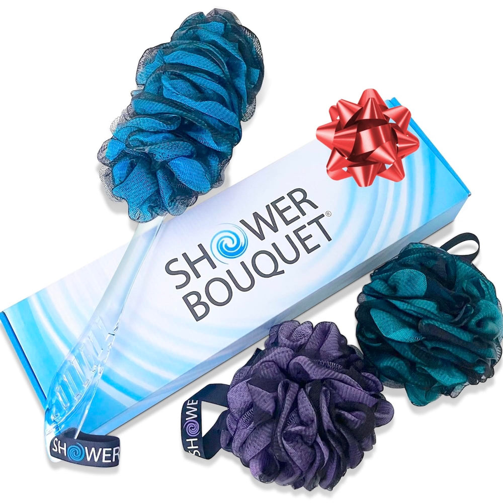 Shower Bouquet long-handle back brush enables easy reach for back cleansing