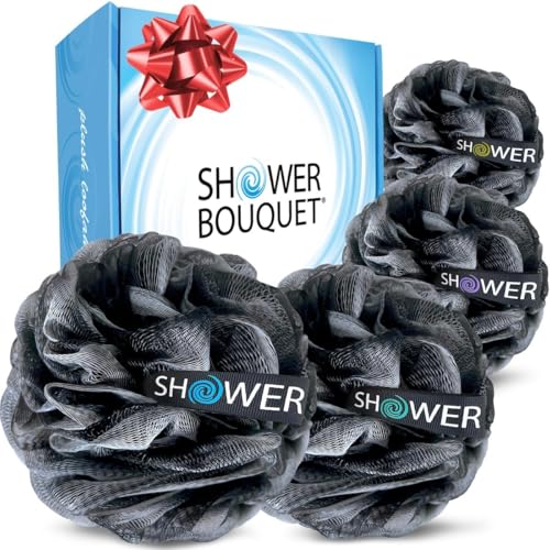 Shower Bouquet loofah-charcoal 75g mesh 4pack for full-body exfoliation.