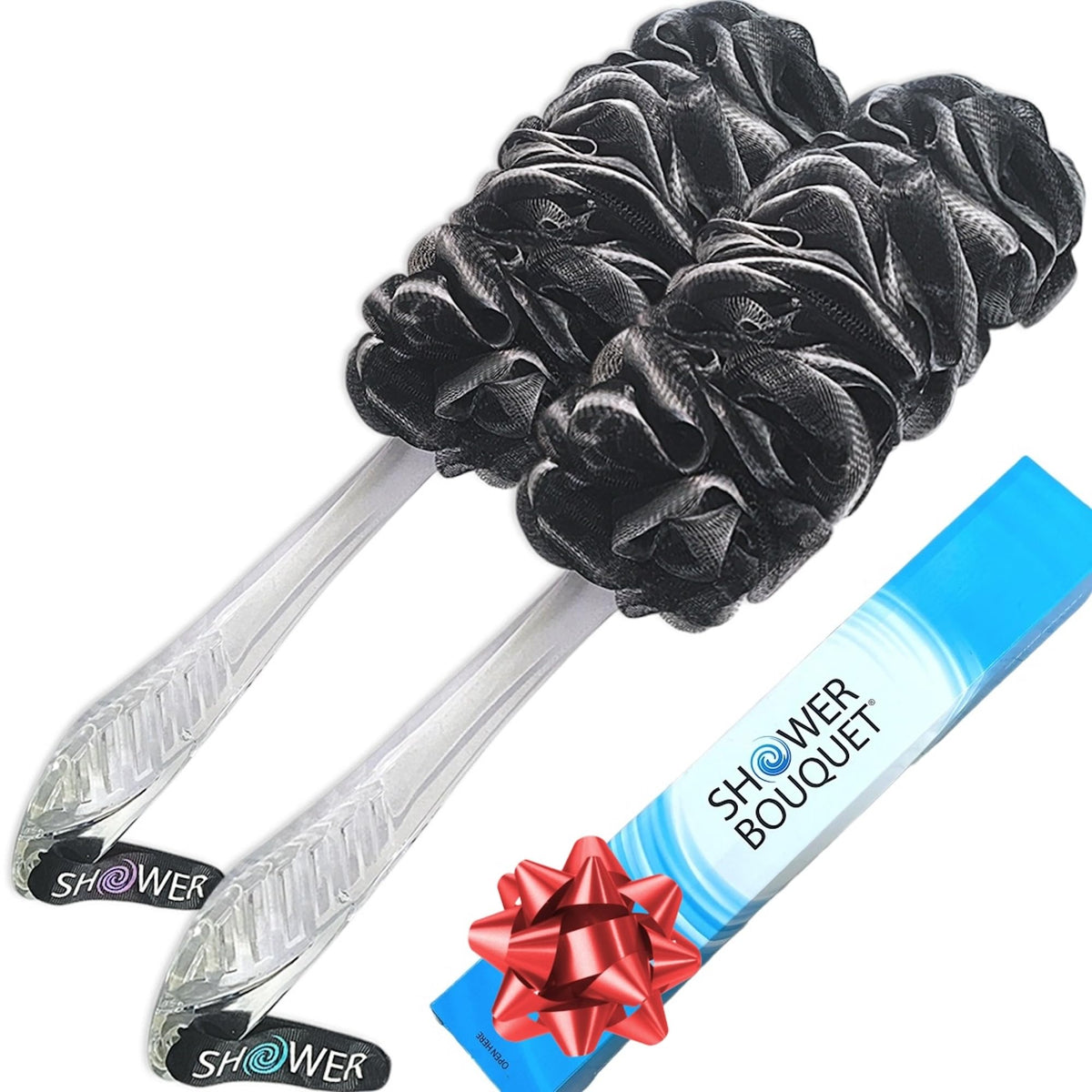 Shower Bouquet loofah-charcoal back-scrubber 2pack delivers purifying cleansing with gentle exfoliation.