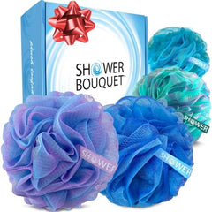 Shower Bouquet xl-loofah soft-mesh-pouf enables gentle cleansing and exfoliation.