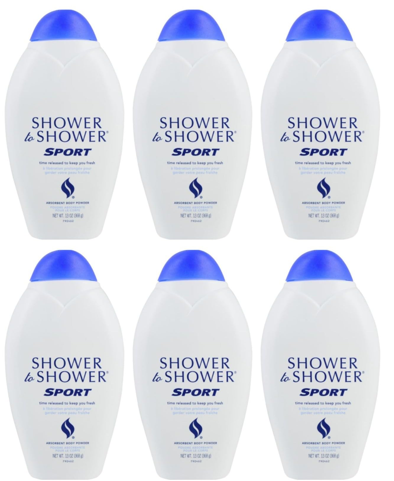 Shower To Shower absorbent body powder sport packaging highlights long-lasting freshness.
