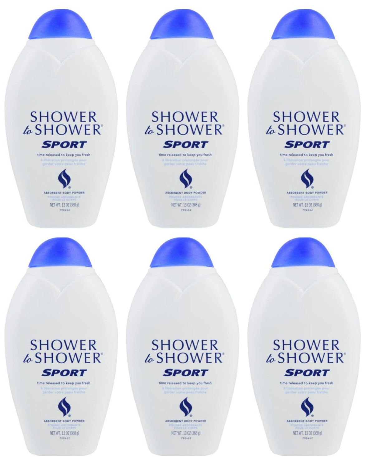 Shower To Shower absorbent body powder sport packaging highlights long-lasting freshness.