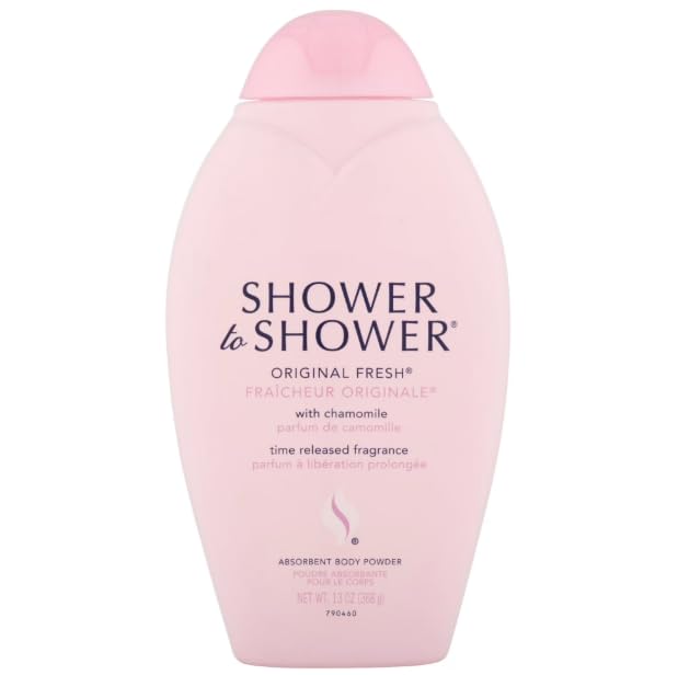 Shower To Shower Original Fresh chamomile-rose-sandalwood bottle highlights soothing aromatics and skin-friendly fragrance.
