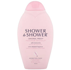 Shower To Shower Original Fresh chamomile-rose-sandalwood bottle highlights soothing aromatics and skin-friendly fragrance.