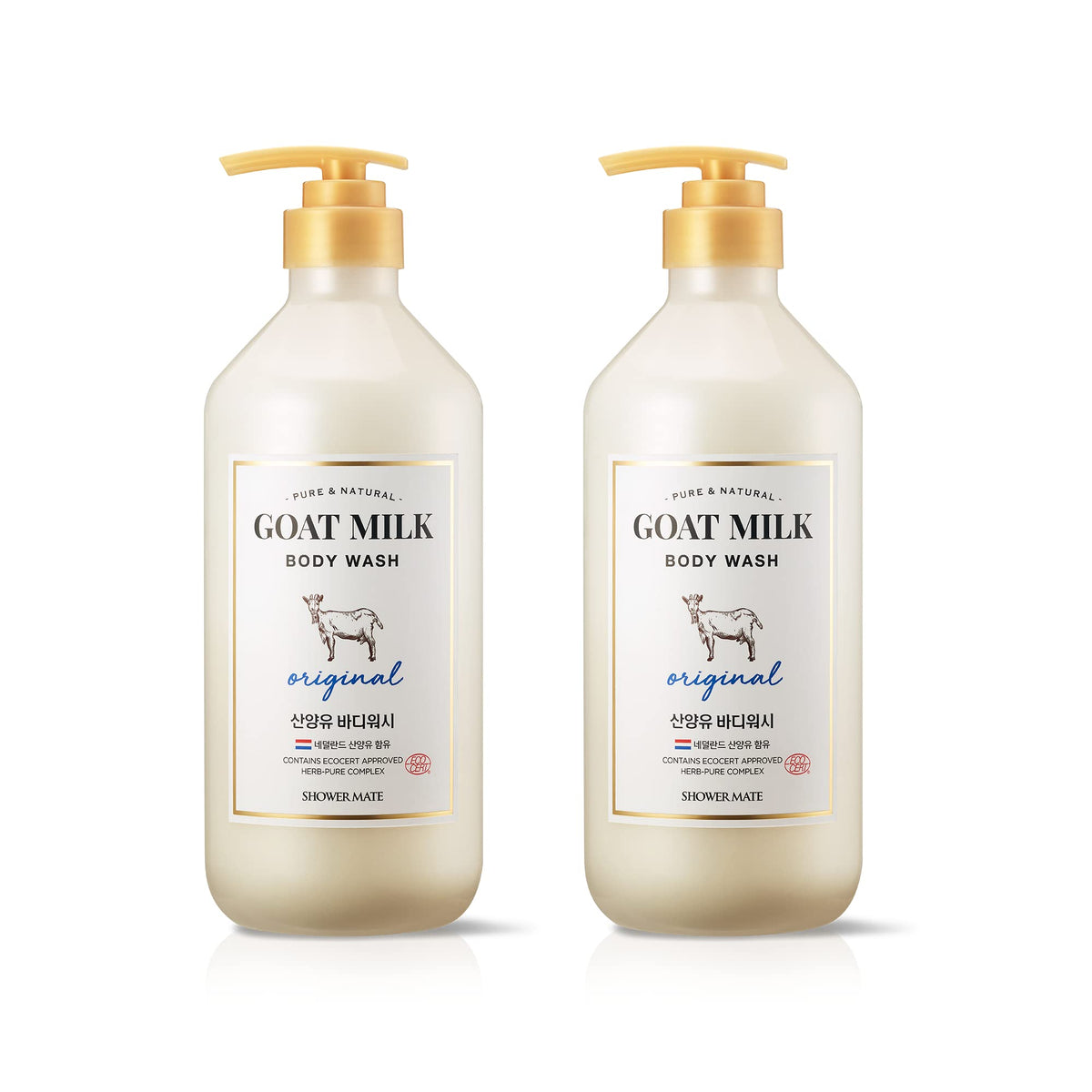 SHOWERMATE AEKYUNG goat-milk body wash bottle shows deep hydration in action.
