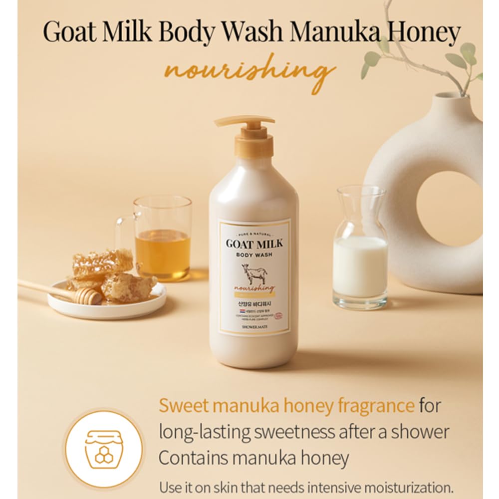 SHOWERMATE Goat Milk Body Wash bottle pour emphasizes easy, controlled usage for consistent lathers.