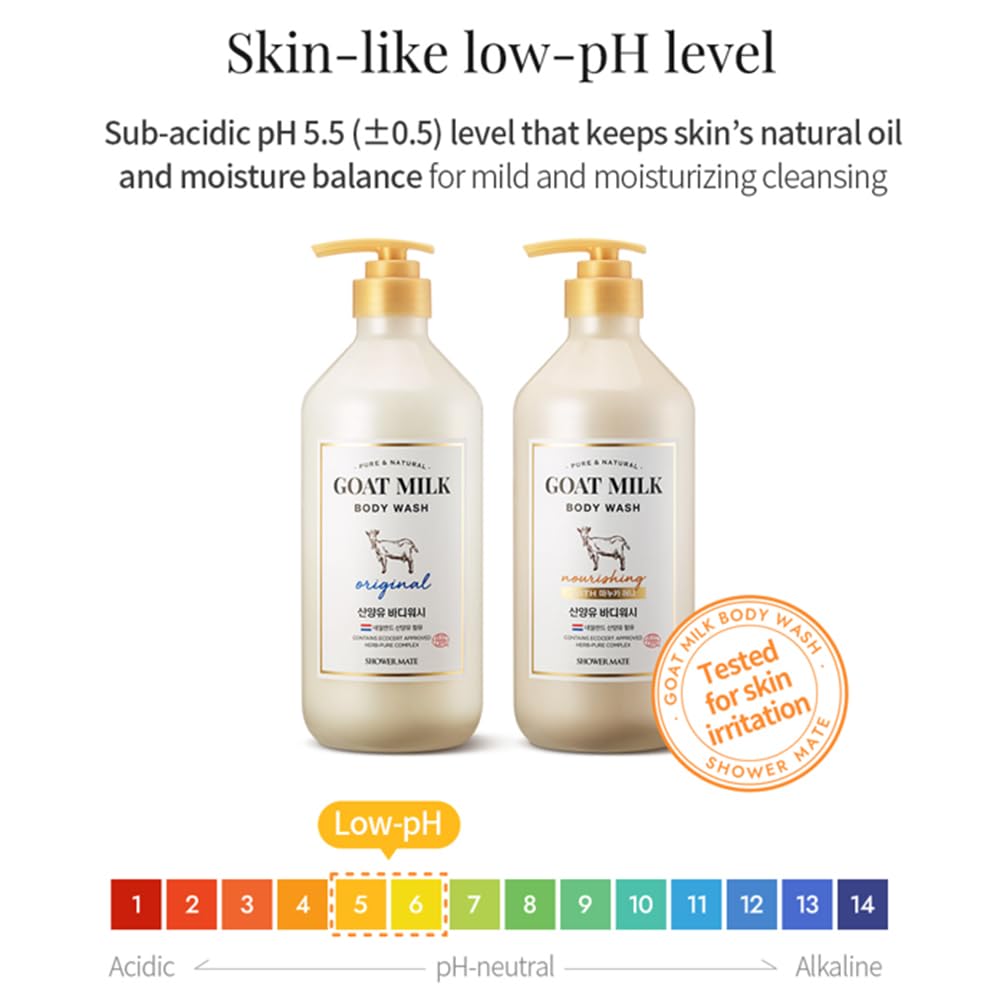 SHOWERMATE goat milk body wash close-up creamy texture inviting a soothing wash