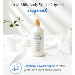 SHOWERMATE goat milk body wash ingredients panel highlights prebiotic and pasture-derived oil