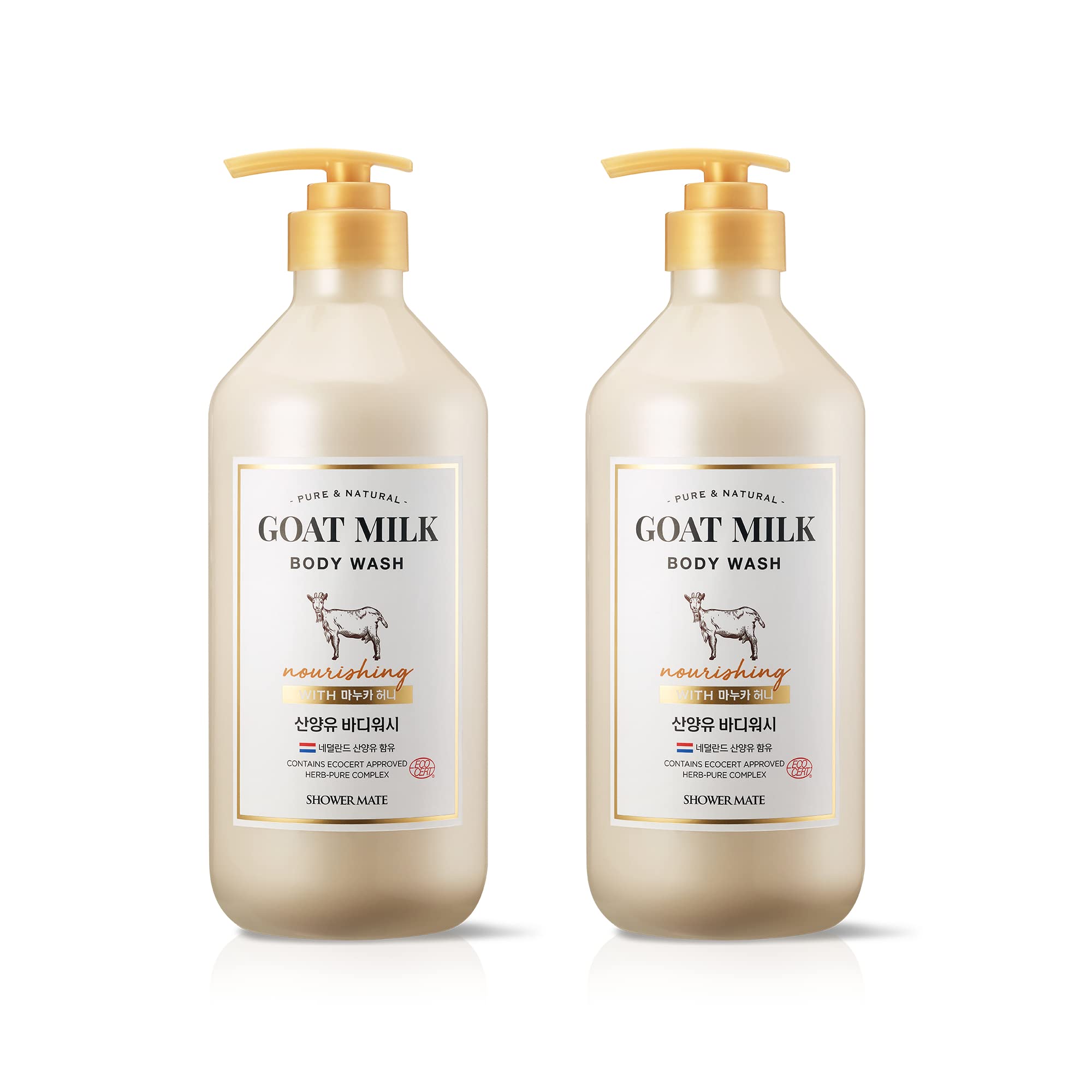 SHOWERMATE Premium Goat Milk Body Wash bottle closeup highlights hydrating formula for dry skin.