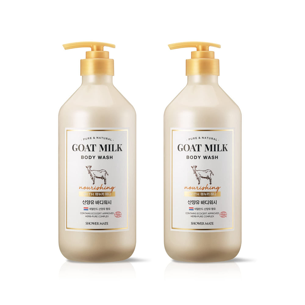 SHOWERMATE Premium Goat Milk Body Wash bottle closeup highlights hydrating formula for dry skin.