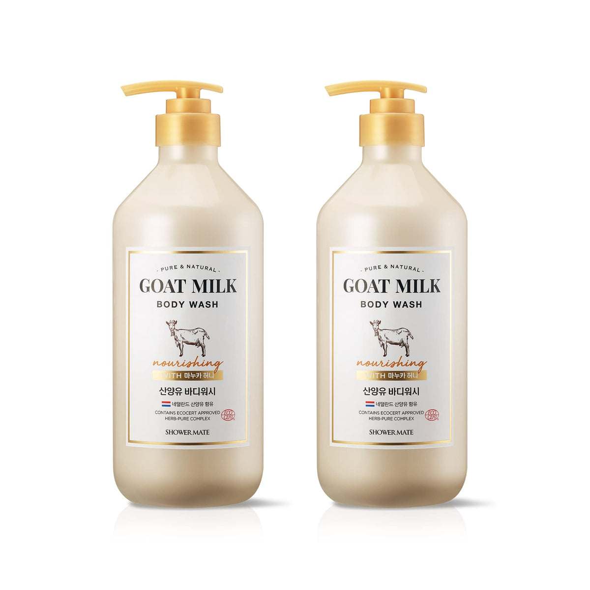 SHOWERMATE Premium Goat Milk Body Wash bottle closeup highlights hydrating formula for dry skin.