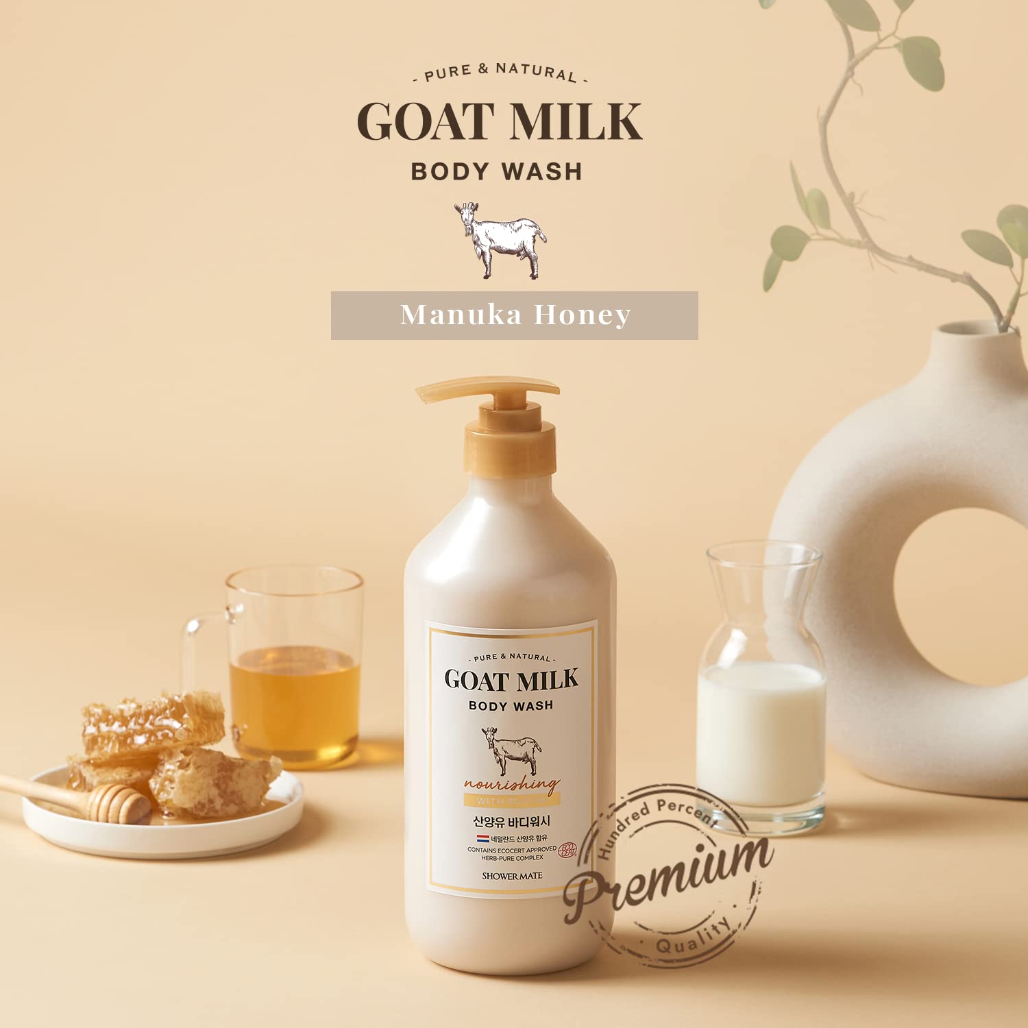 SHOWERMATE Goat Milk Body Wash with Manuka Honey detail suggests soothing nourishment.