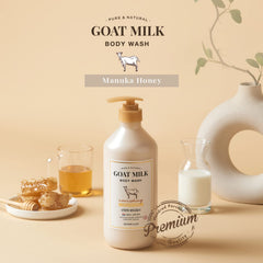 SHOWERMATE Goat Milk Body Wash with Manuka Honey detail suggests soothing nourishment.