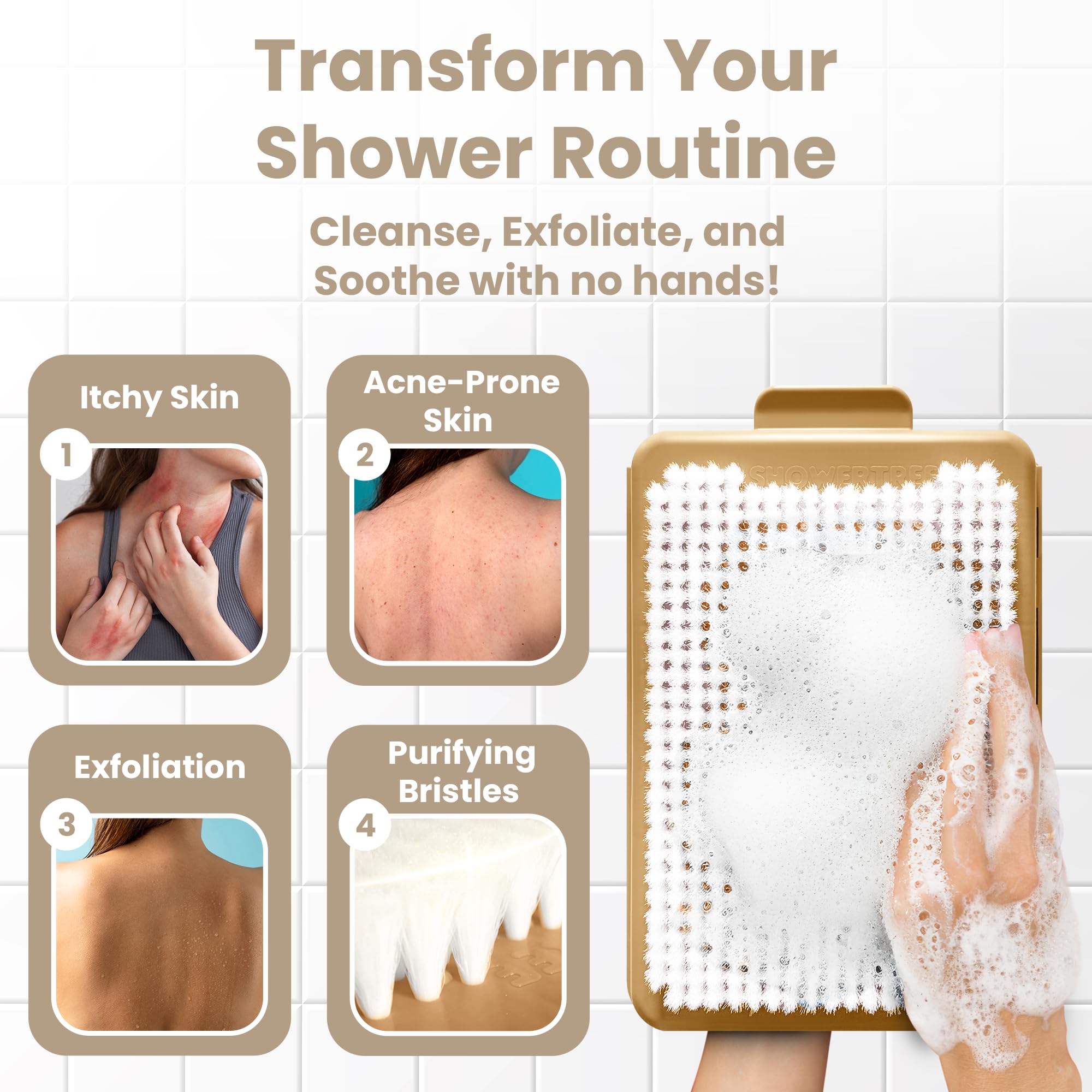 ShowerTree adhesive-mount back scrubber for secure, water-resistant attachment.