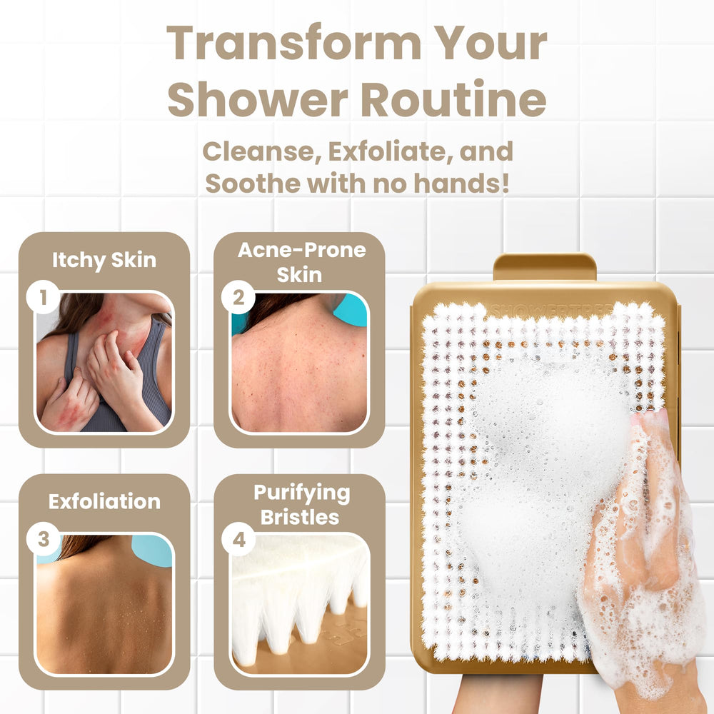 ShowerTree adhesive-mount back scrubber for secure, water-resistant attachment.