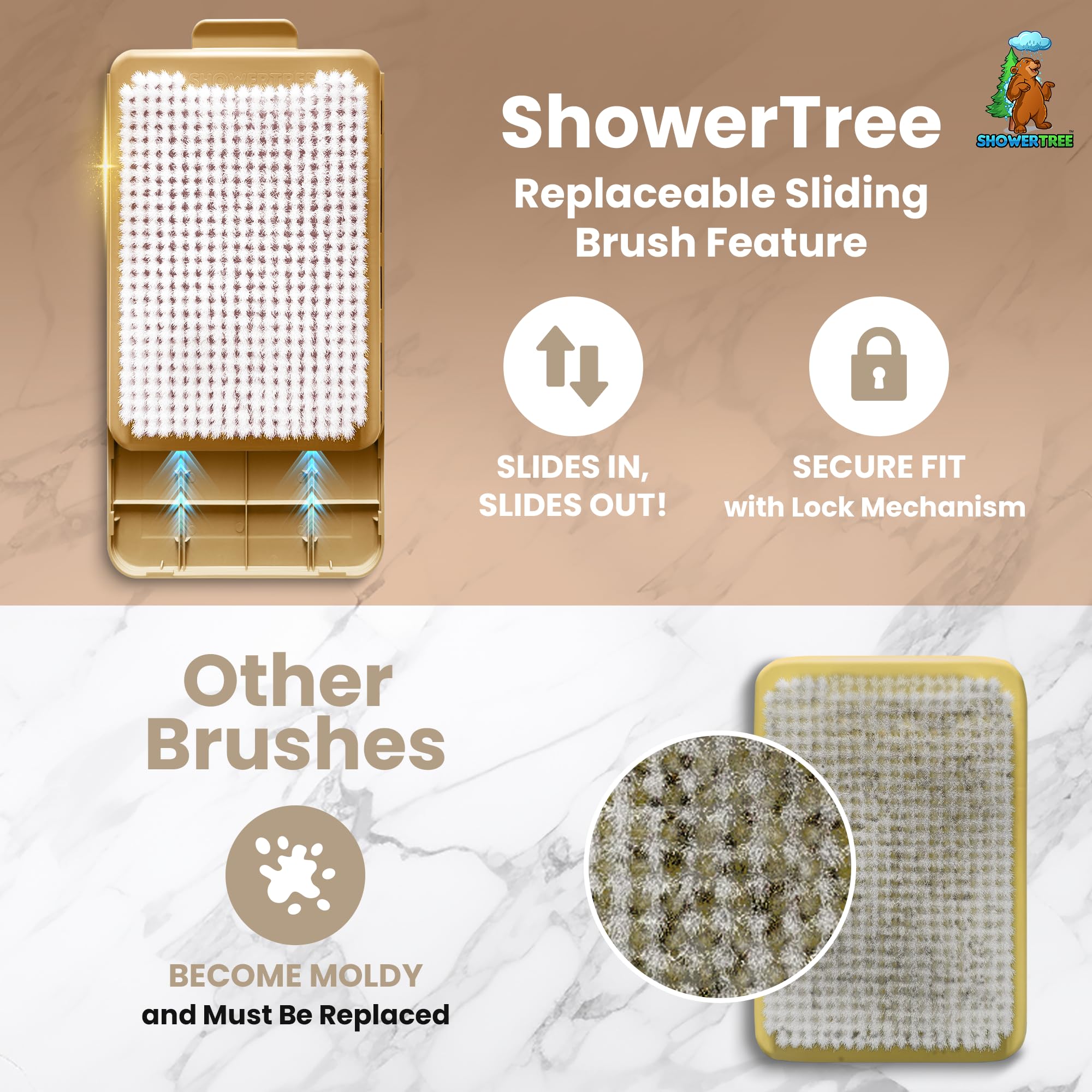 ShowerTree hands-free back scrubbing enables convenient cleansing.