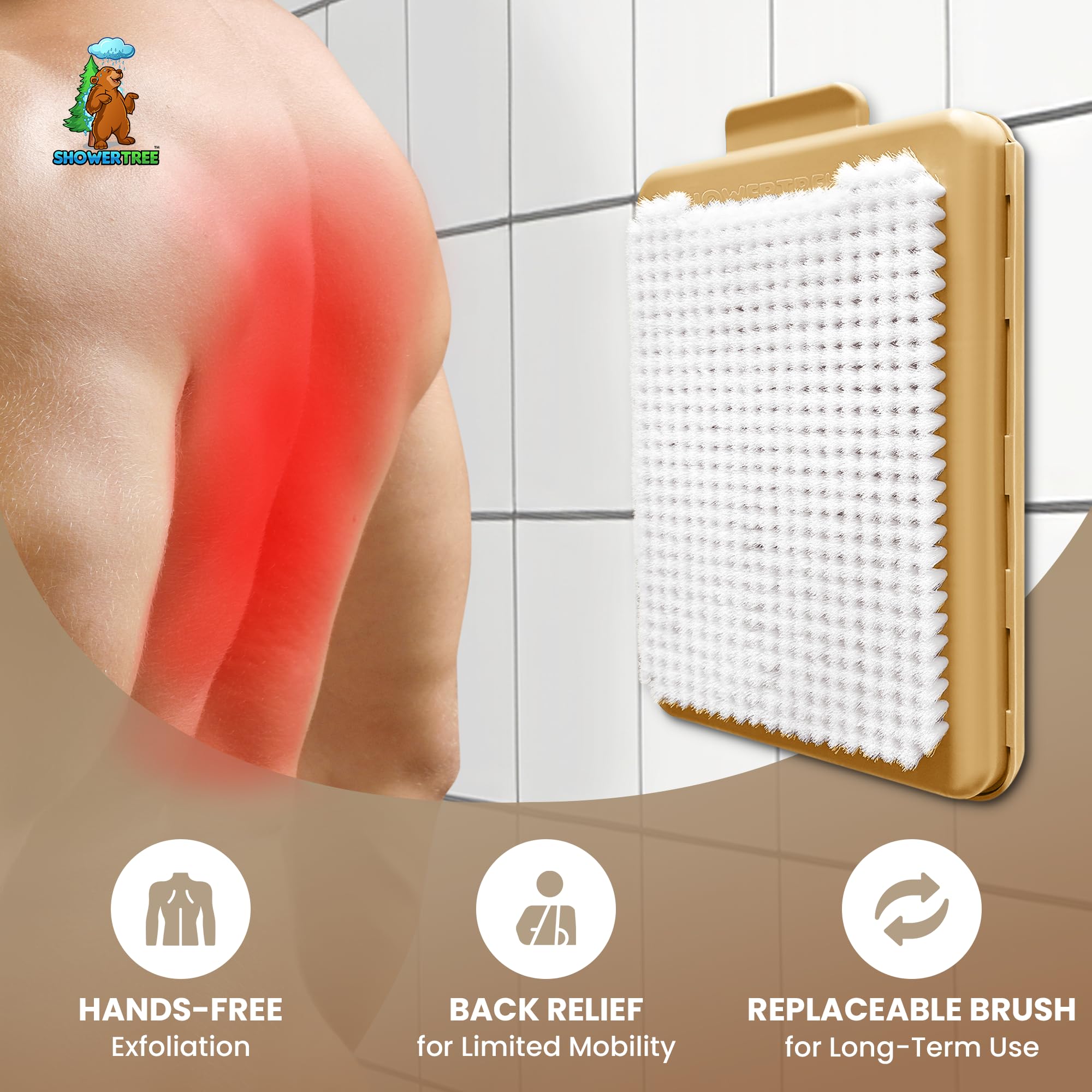 ShowerTree replaceable bristles back scrubber for fresh exfoliation.