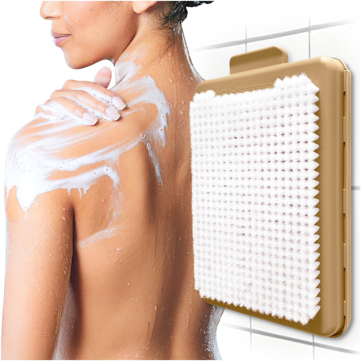 ShowerTree wall-mounted back scrubber tan for easy back cleansing and reach.