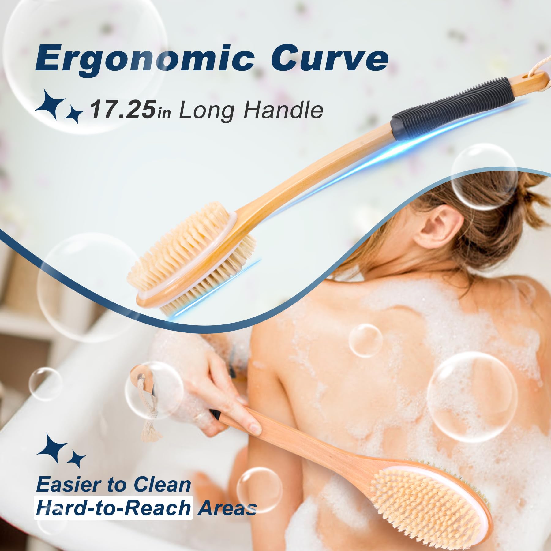 ShowEzily ergonomic curved-handle back brush provides comfortable, secure grip