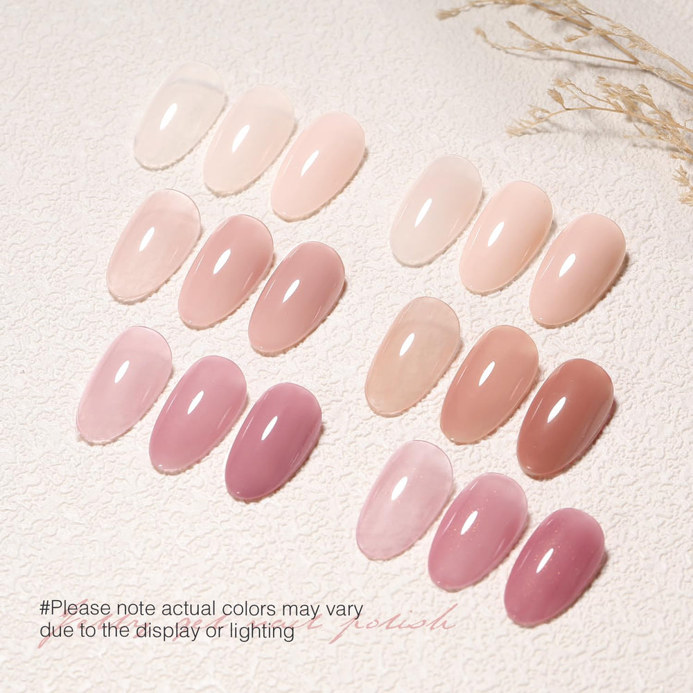 SHOYUM Jelly Nude bottles swatches collection displays six translucent jelly shades