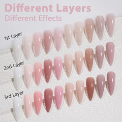 SHOYUM Jelly Nude swatch tiles, shows buildable layers for sheer to opaque results.