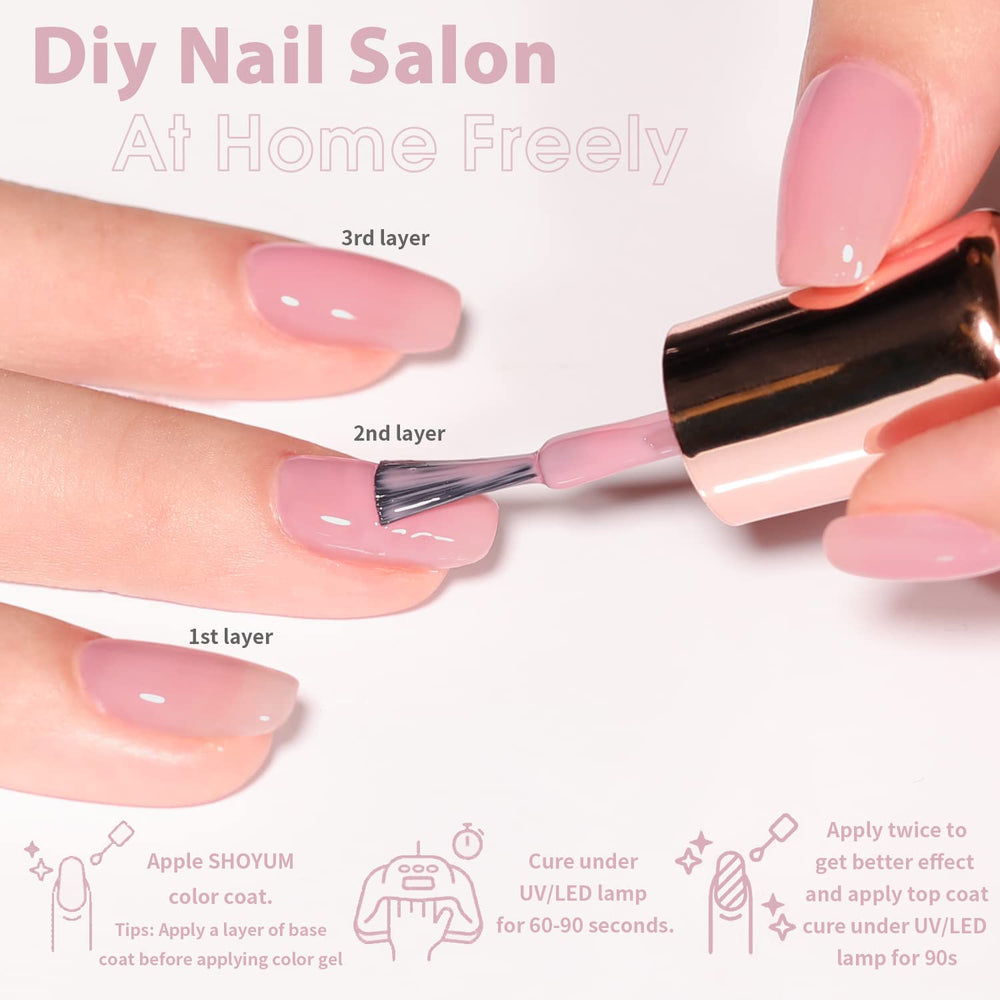 SHOYUM Jelly Nude UV-LED curing, quick-dry layers for efficient weekend nails.