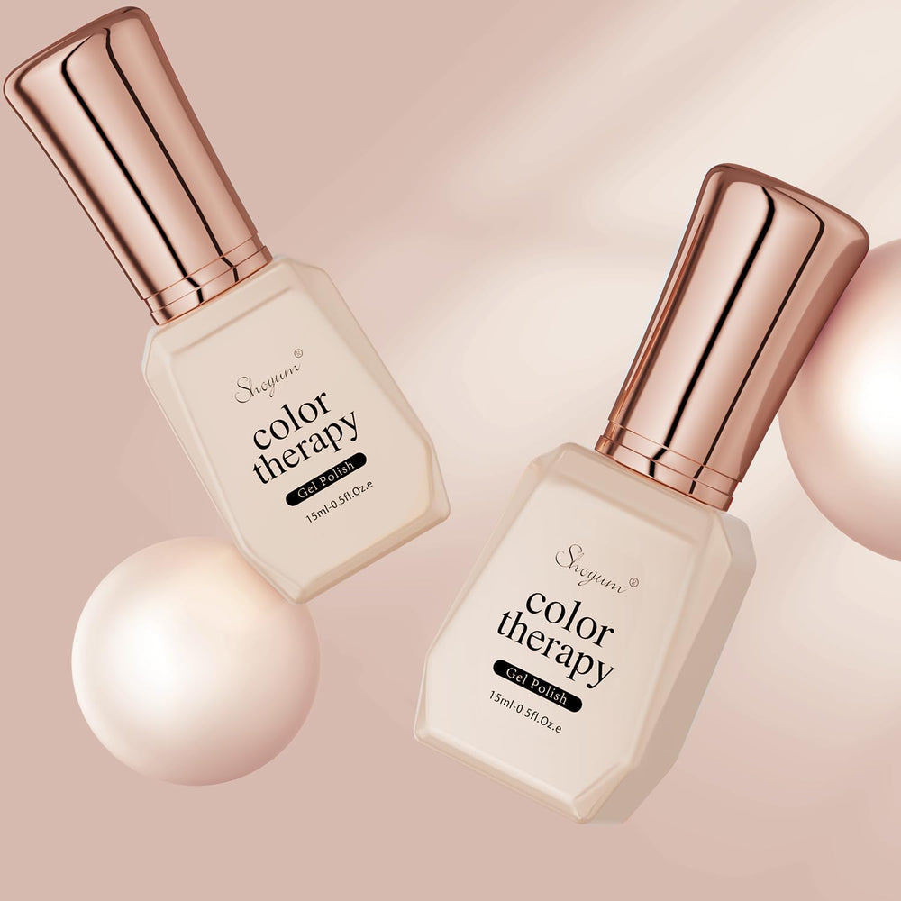 SHOYUM nude pink gel on hand for natural look and versatility.