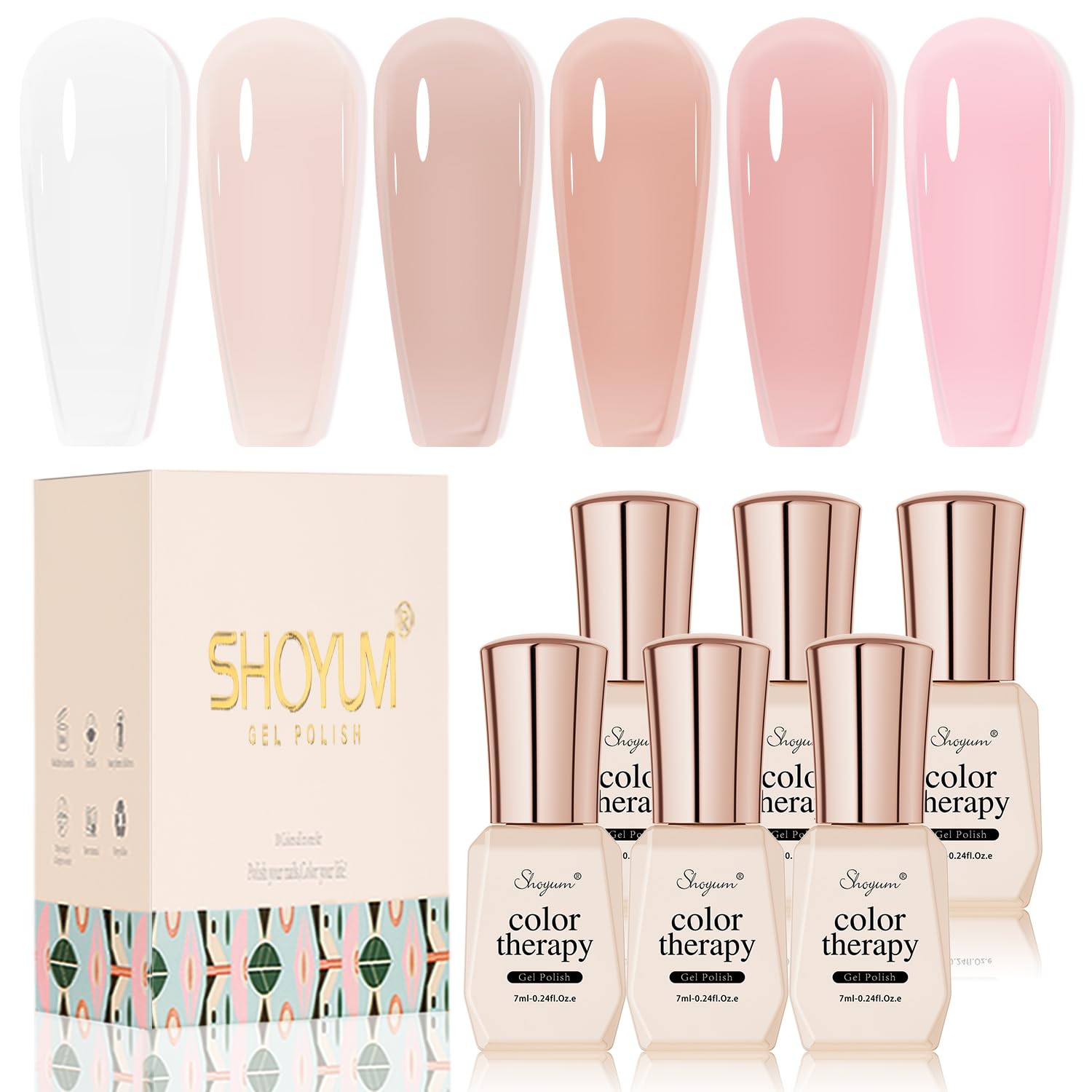 SHOYUM Nude Pink Gel Nail Polish Set bottle closeup with sheer nude pink shade for natural-looking nails