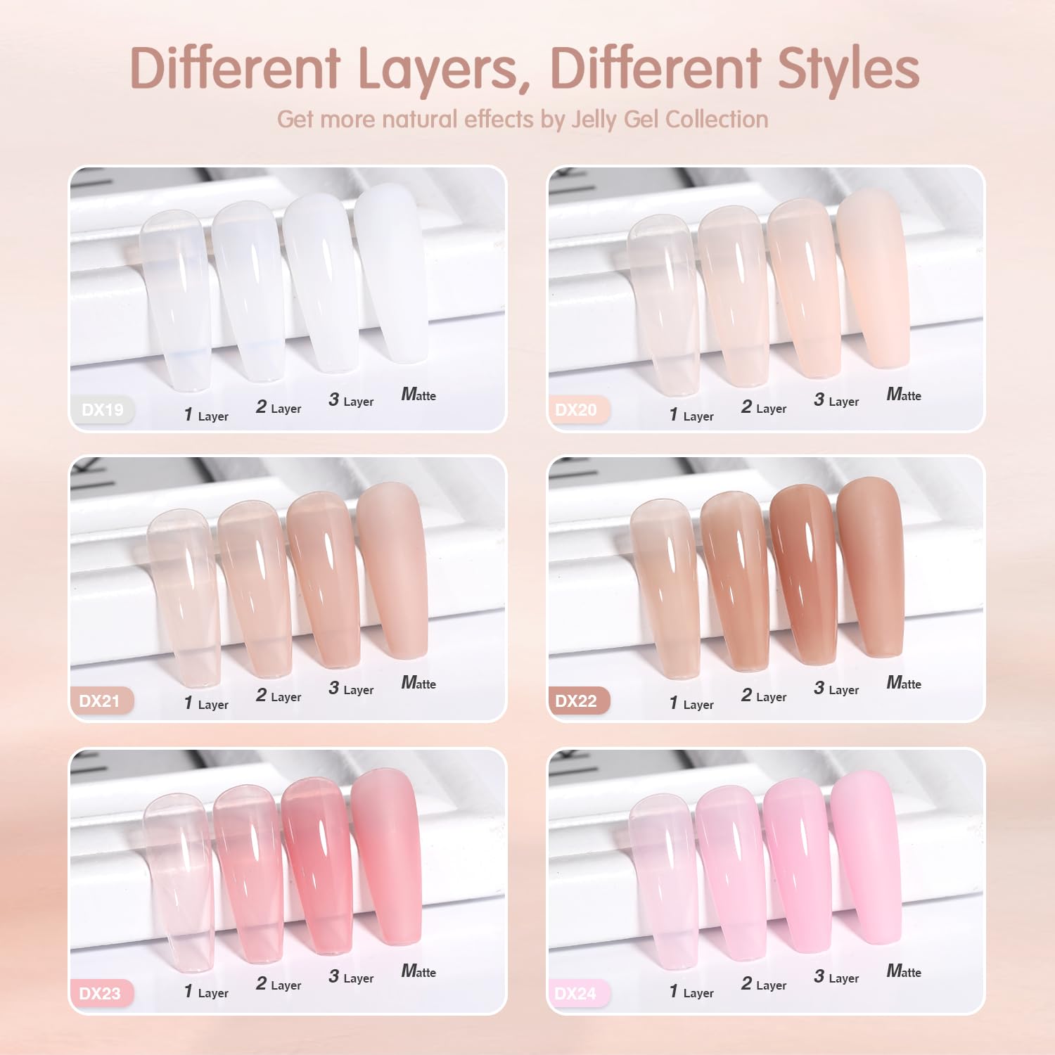 SHOYUM Nude Pink Gel Nail Polish Set swatch collection highlighting six versatile jelly tones