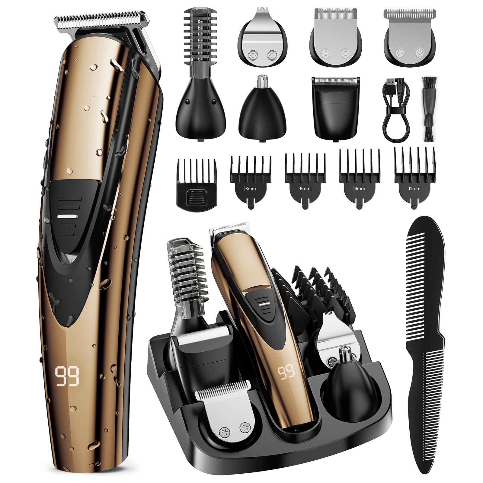 SHPAVVER Beard Trimmer gold full-kit for precise at-home grooming.