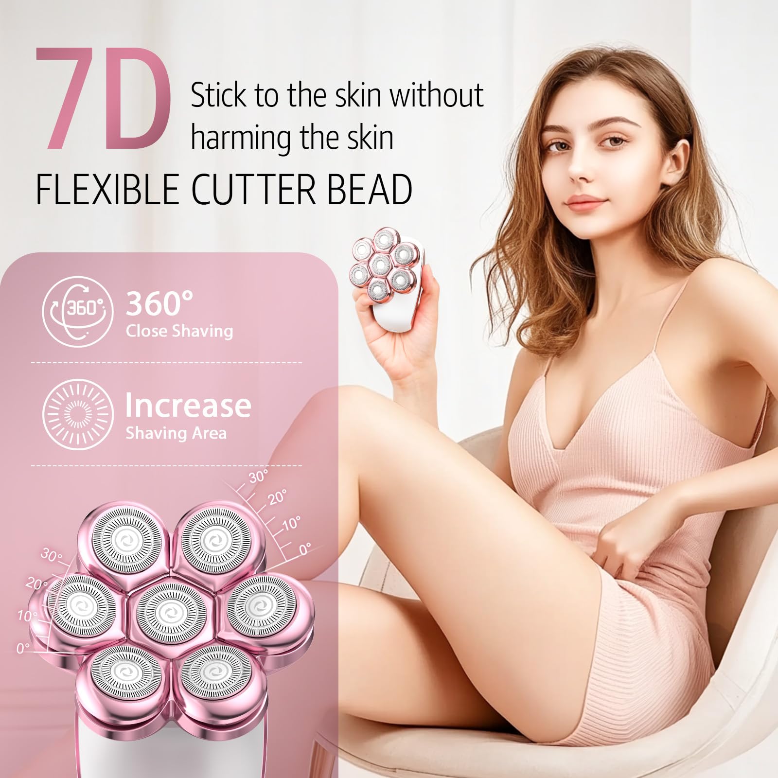 SHPAVVER 7D floating head close-up highlights closer shave along curves for legs