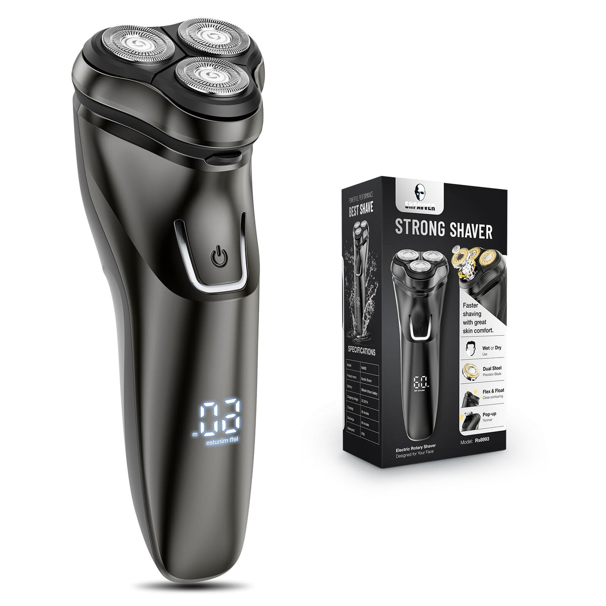 SHPAVVER Electric Razor Pro Black close-up highlighting 4D blades for sensitive skin