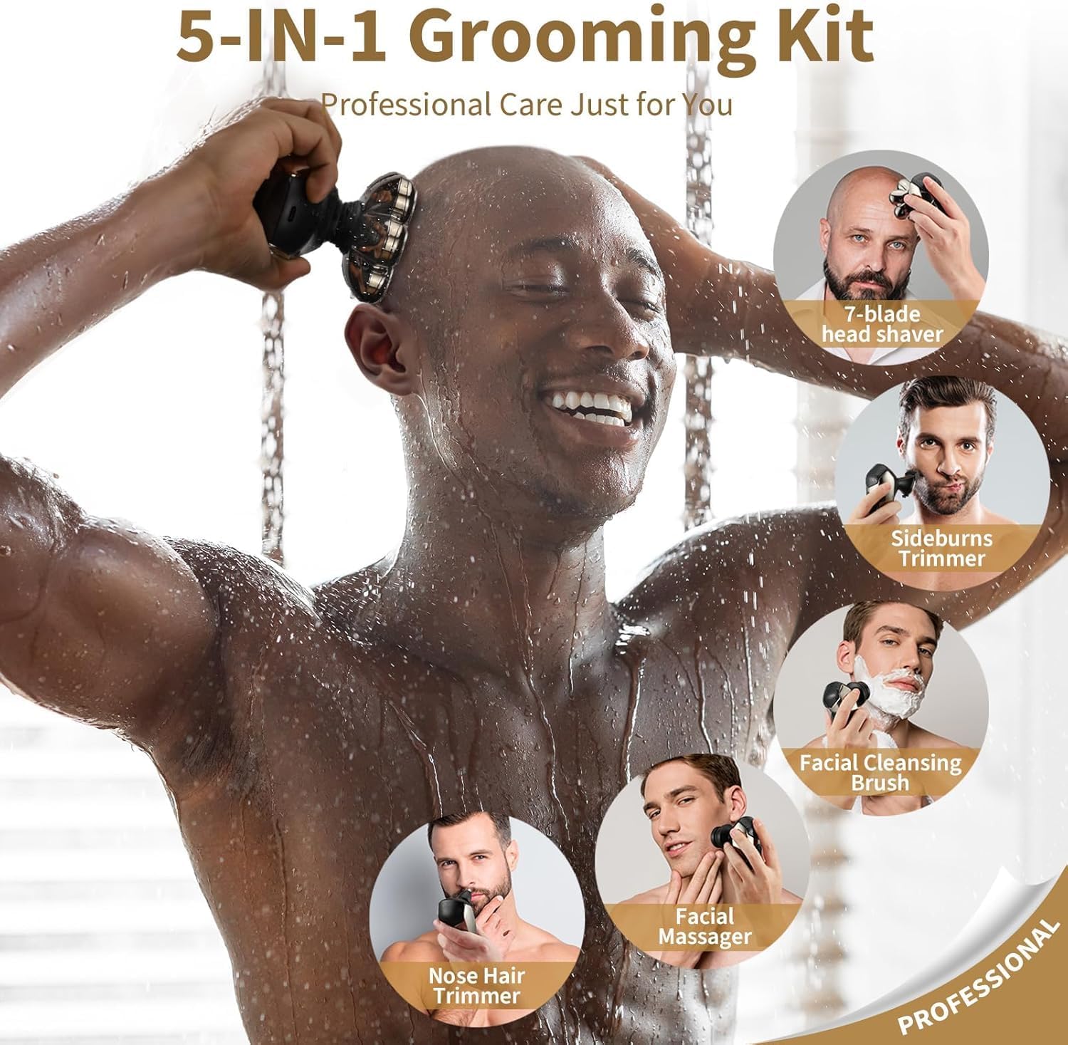 SHPAVVER head shaver in shower demonstrating IPX7 waterproof use.