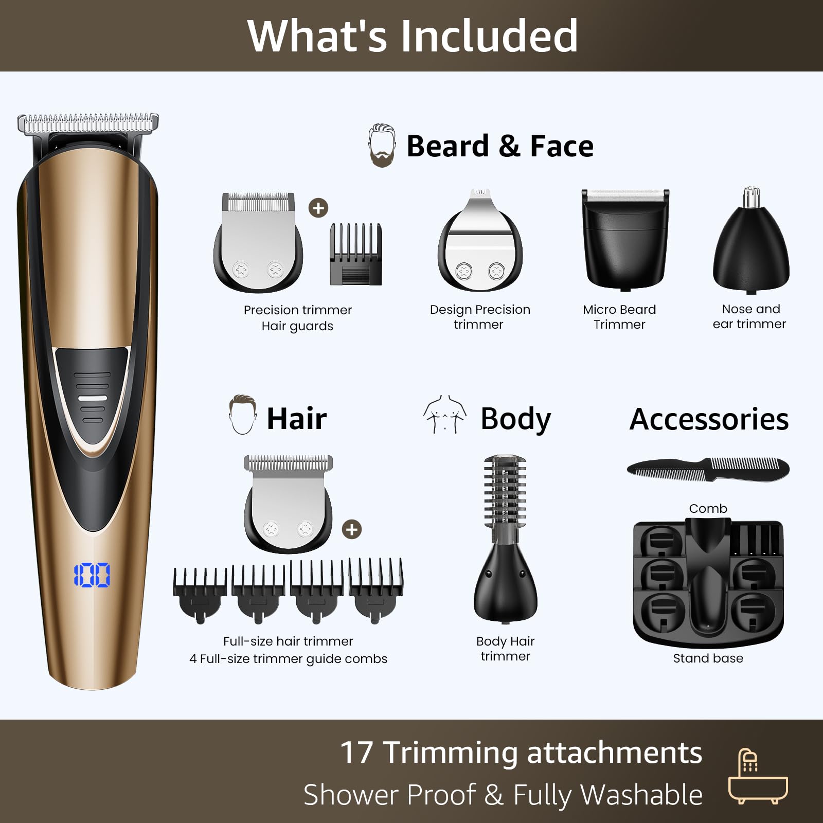 SHPAVVER Trimmer gold waterproof for wet-dry use.