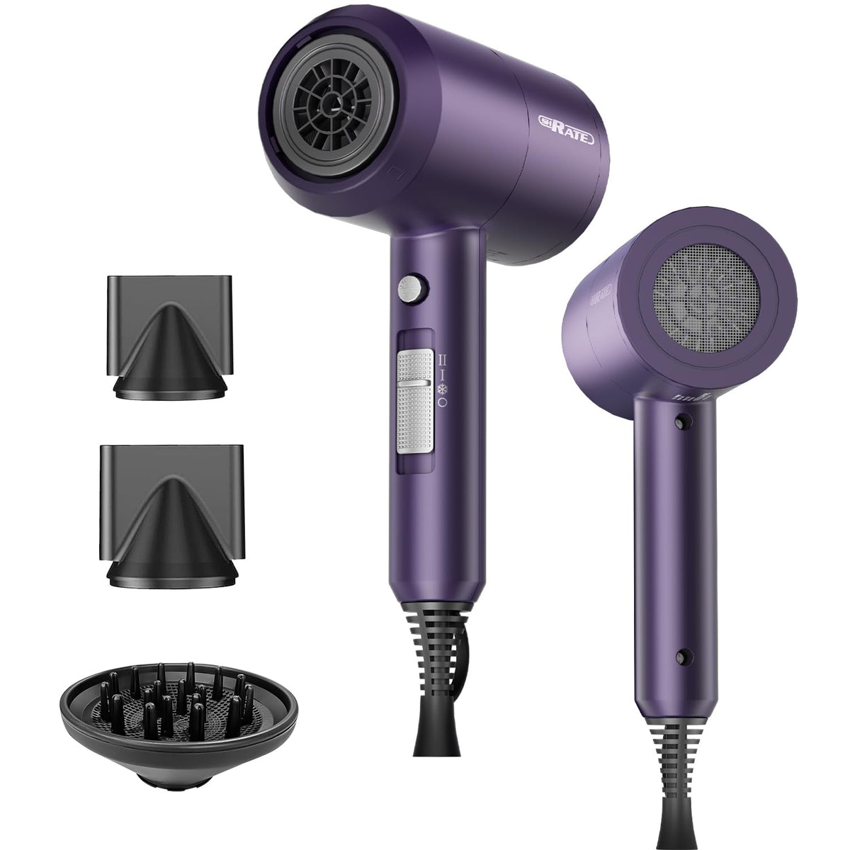 SHRATE front view of the ionic hair dryer shows a compact, travel-friendly design for easy packing.