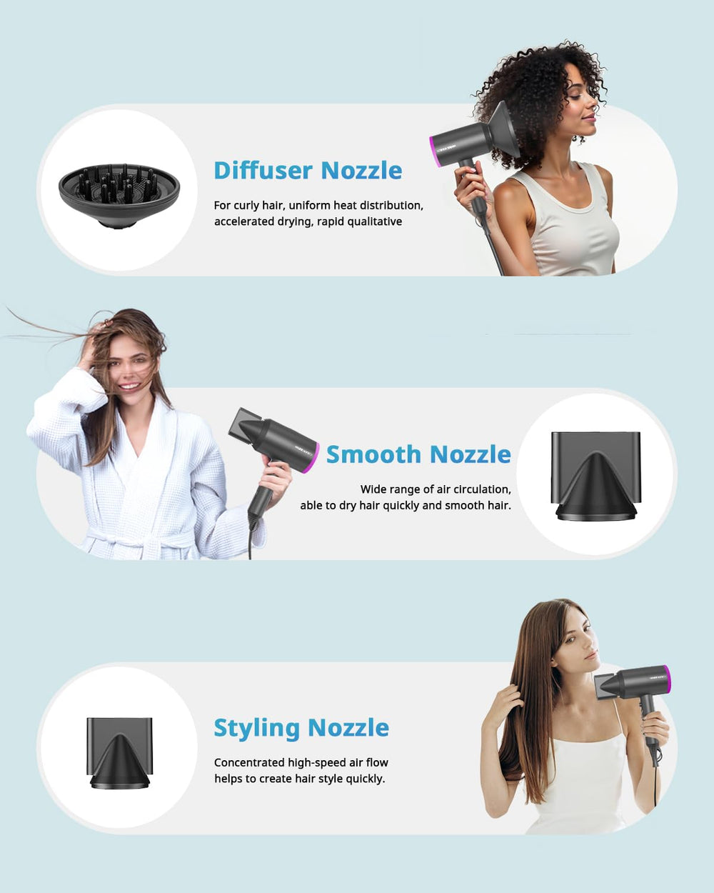 SHRATE diffuser nozzle close-up highlighting versatile curling options during styling.