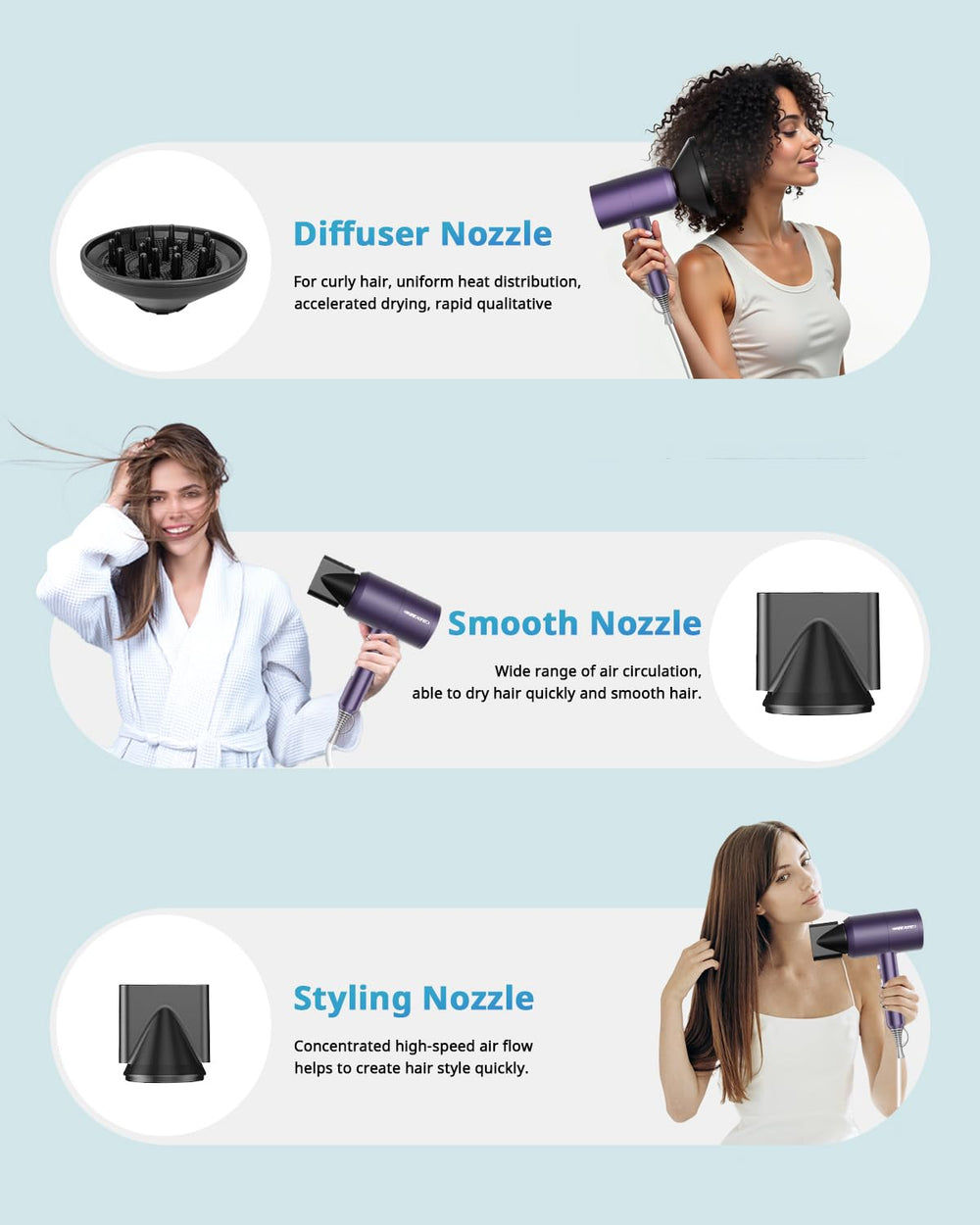 SHRATE smooth nozzle seals in sleek finish for polished, frizz-free styling results.