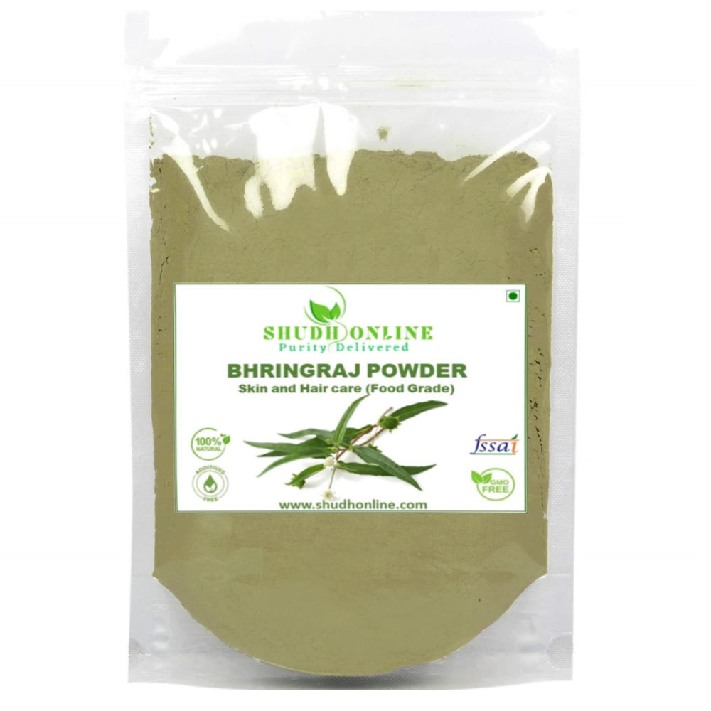 Shudh Online bhringraj powder packaging shows organic vegan hair care.