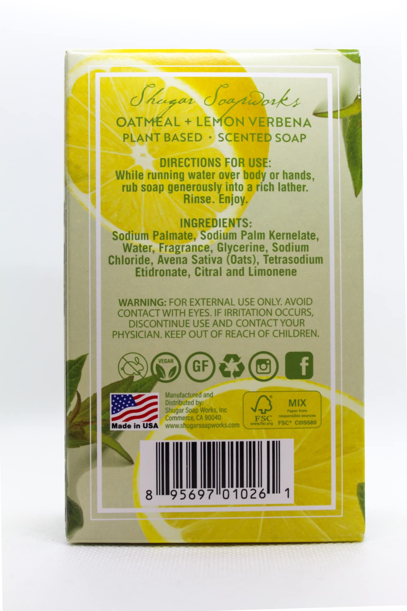 Shugar Soapworks Oatmeal Lemon Verbena soap back-label shows plant-based ingredients.
