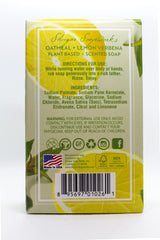 Shugar Soapworks Oatmeal Lemon Verbena soap back-label shows plant-based ingredients.