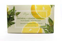 Shugar Soapworks Oatmeal Lemon Verbena soap close-up highlighting vegan formula and gentle lather.