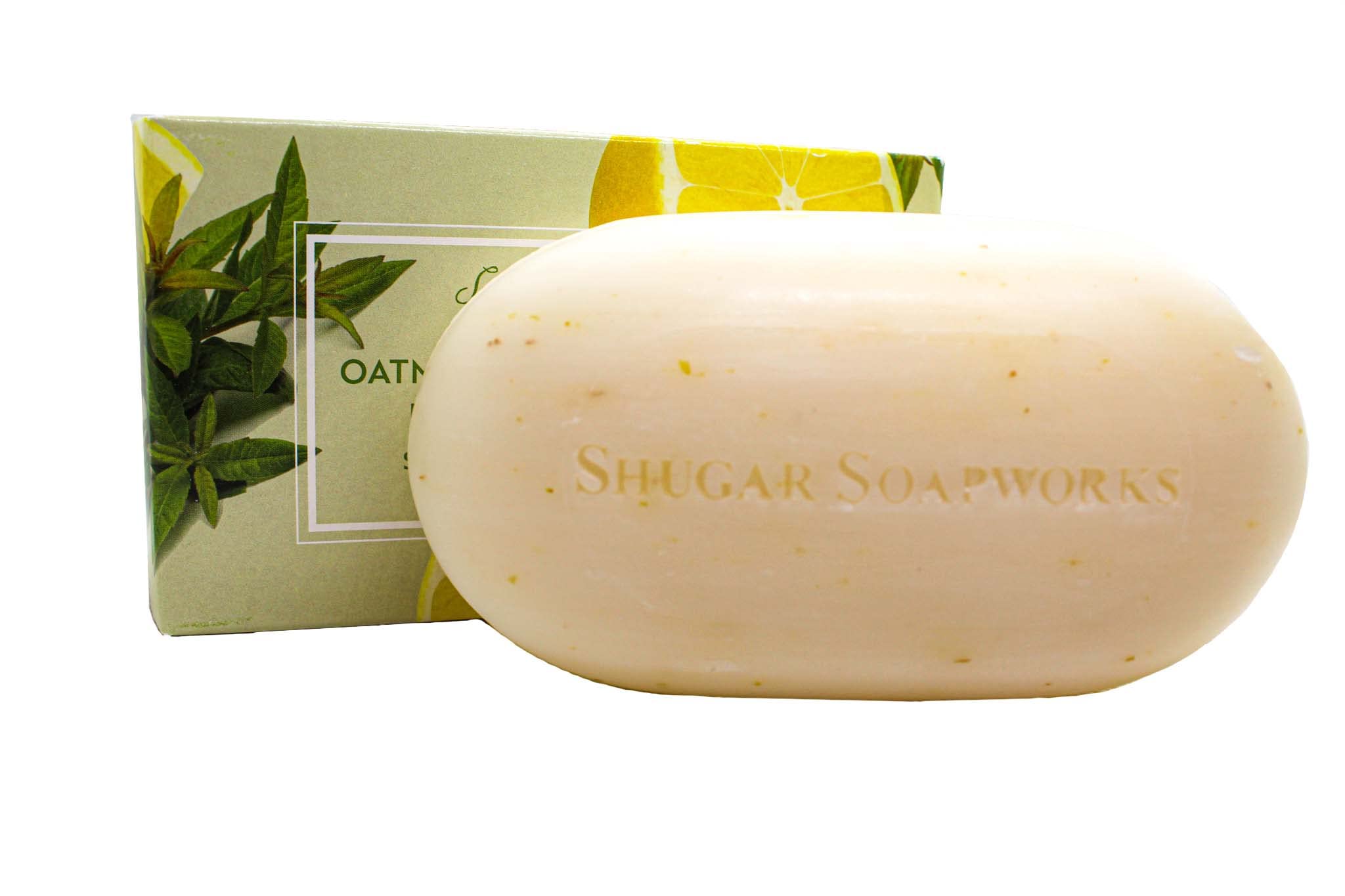 Shugar Soapworks Oatmeal Lemon Verbena soap in shower scene suggesting refreshing routine.