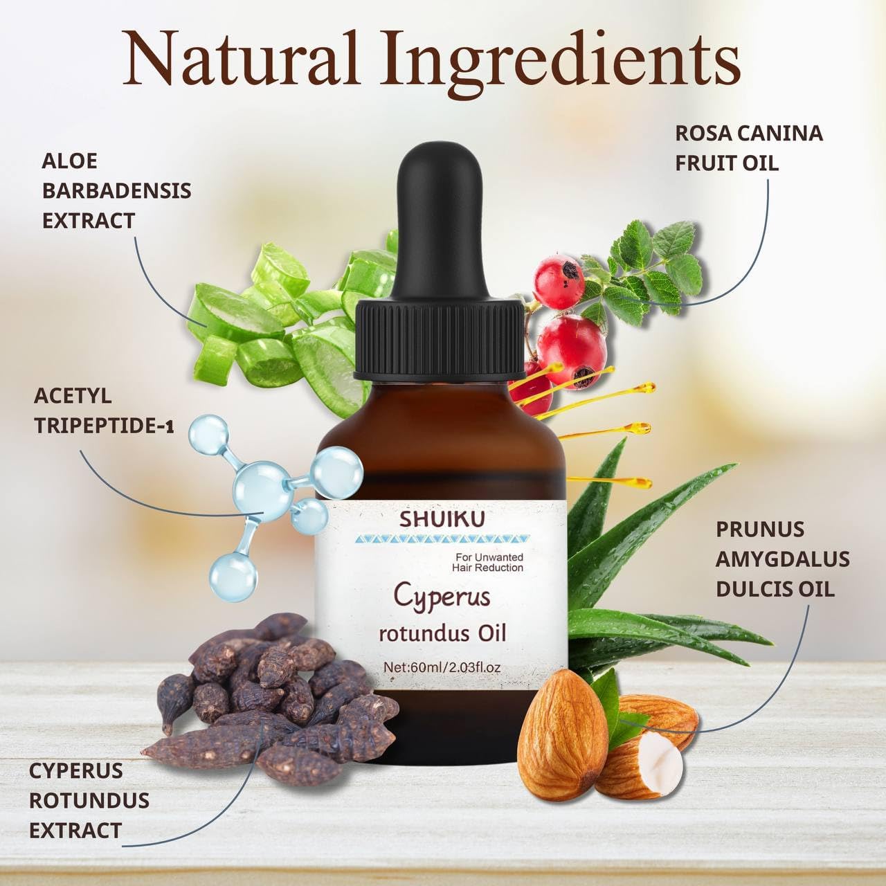 SHUIKU Cyperus Rotundus Oil amber bottle closeup highlights natural purity.