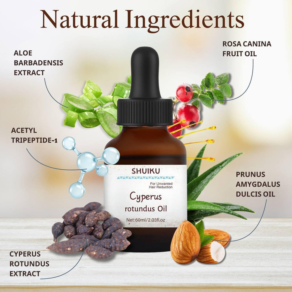 SHUIKU Cyperus Rotundus Oil amber bottle closeup highlights natural purity.