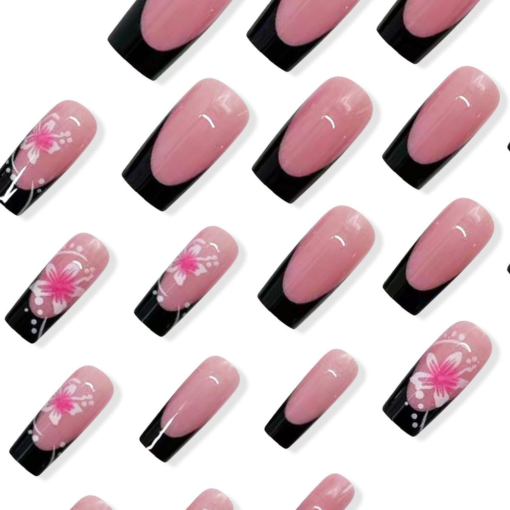 SHUXILIN hibiscus nails black French tip close-up shows chic salon-style design