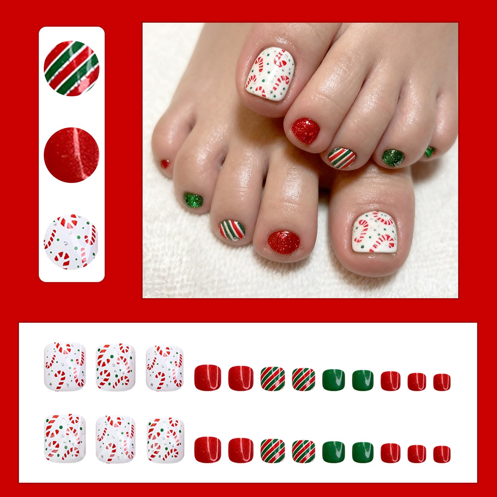 SHUXILIN red-white stripe toenails closeup showing a festive design.
