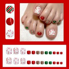 SHUXILIN red-white stripe toenails closeup showing a festive design.