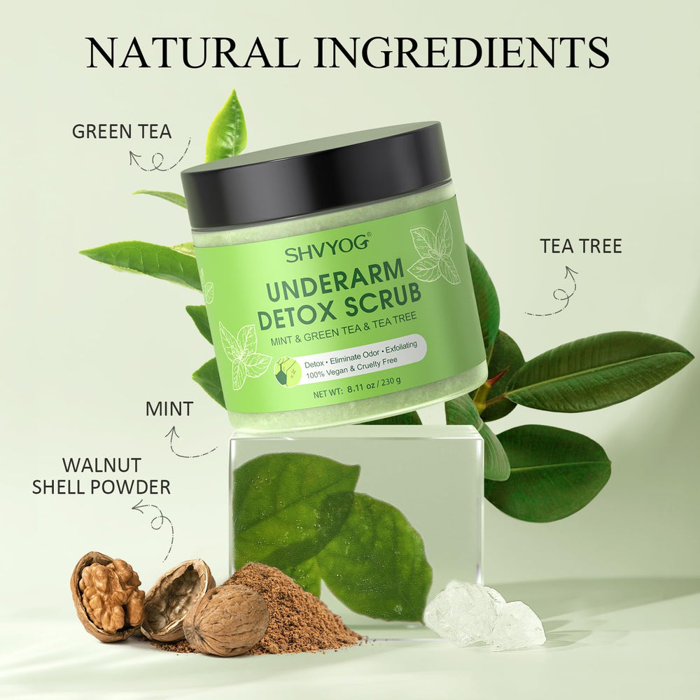SHVYOG desintoxicante para axilas, textura microgránulos para exfoliar sin irritar.
