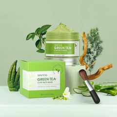 SHVYOG Green Tea Clay Mask texture reveals volcanic mud for deep cleansing.