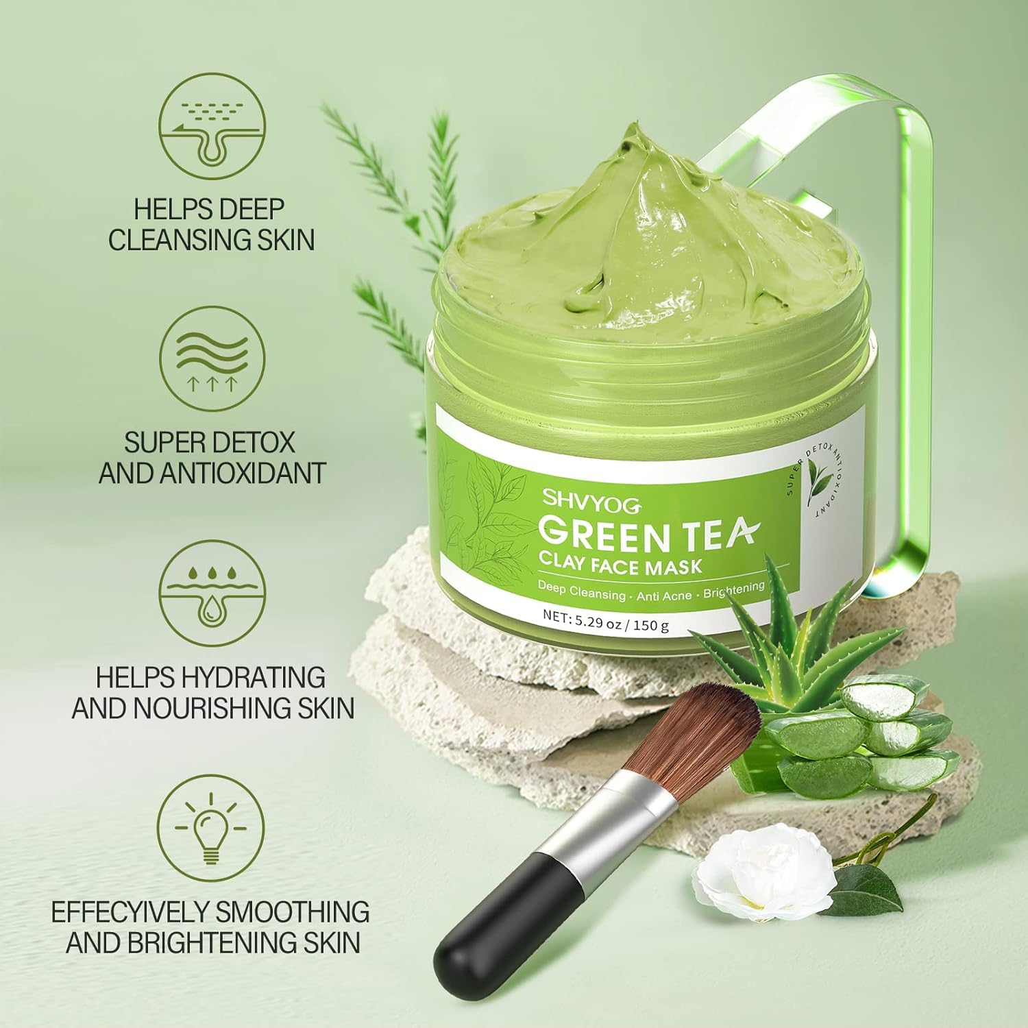 SHVYOG Green Tea Mask ingredients panel features aloe vera and jojoba oil.